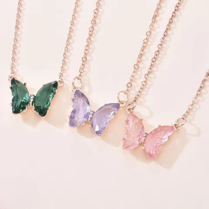 Crystal Butterfly Pendant Necklace for Women – Gold Chain Fashion Jewelry Gift (AWT-108) - Black
