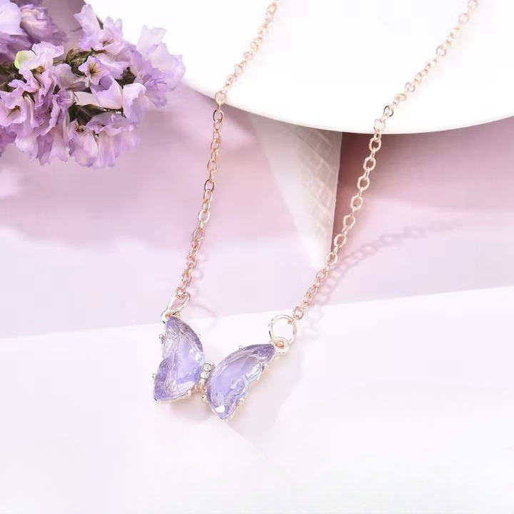 Crystal Butterfly Pendant Necklace for Women – Gold Chain Fashion Jewelry Gift (AWT-108) - Black