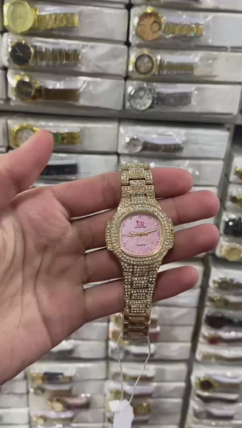 Two Toned Iced Out Quartz Movement Womens Watch without box(black watch)